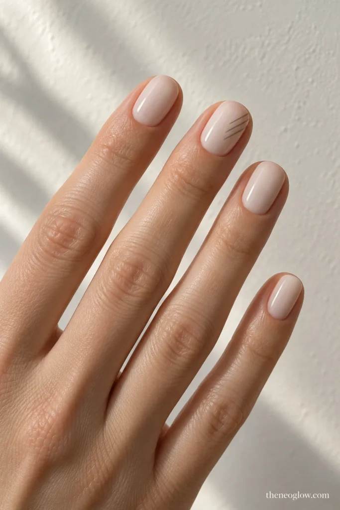 Short oval ivory nails with three fine angled greige strokes on the ring finger.