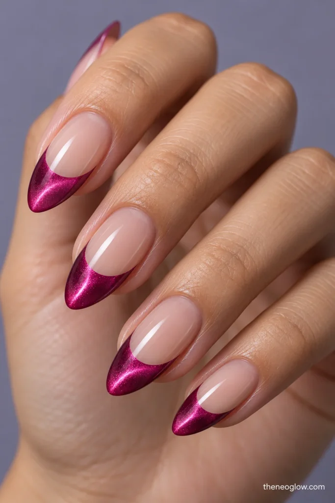 Medium almond nails with magenta magnetic French crescents and bright directional cat-eye reflections.