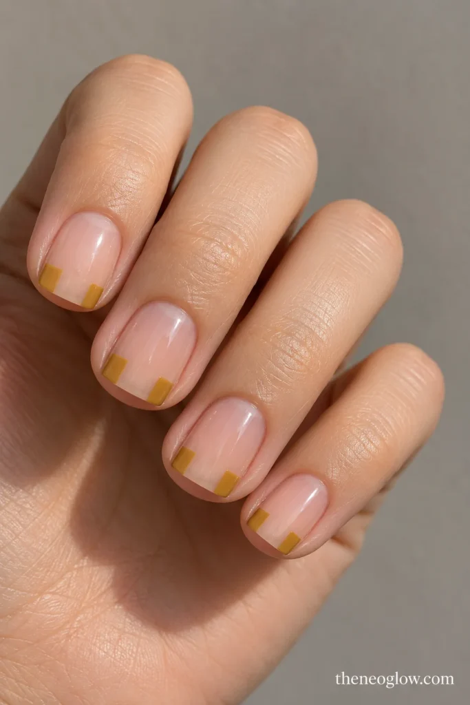 Short square nails with small maple-gold rectangles at both corners of each free edge.