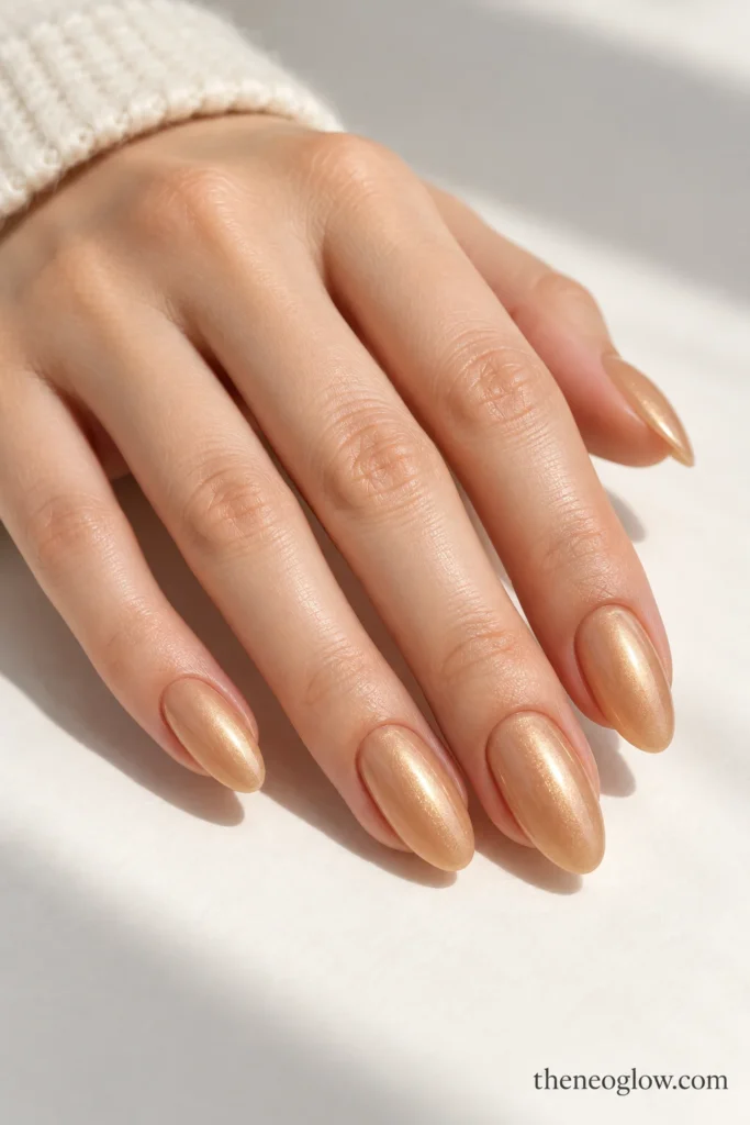 Medium almond nails with a warm beige-amber base and soft golden pearl sheen.