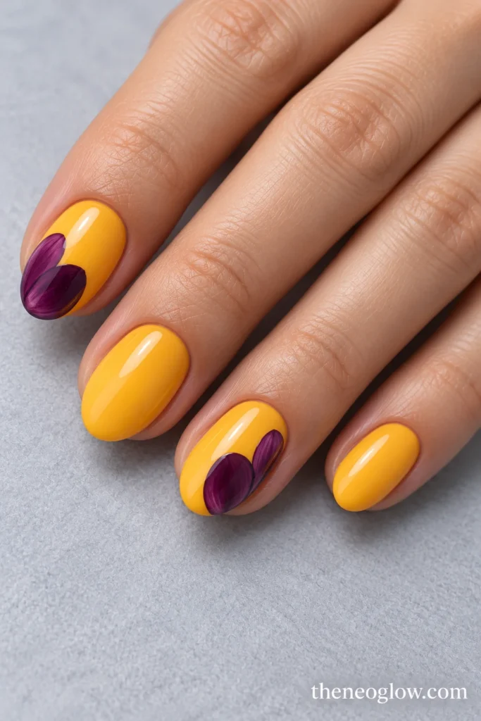 Opaque marigold-yellow short almond acrylics with cropped plum petals on the index and ring nails.