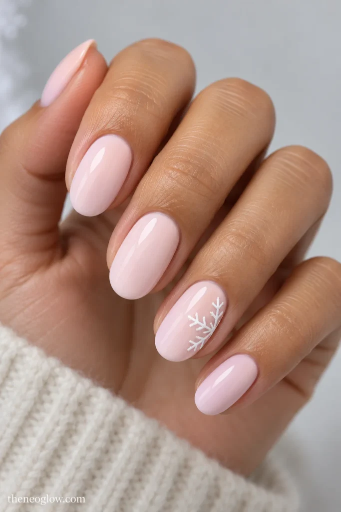 Creamy marshmallow-pink oval nails with one white snowflake extending inward from a ring-finger sidewall.