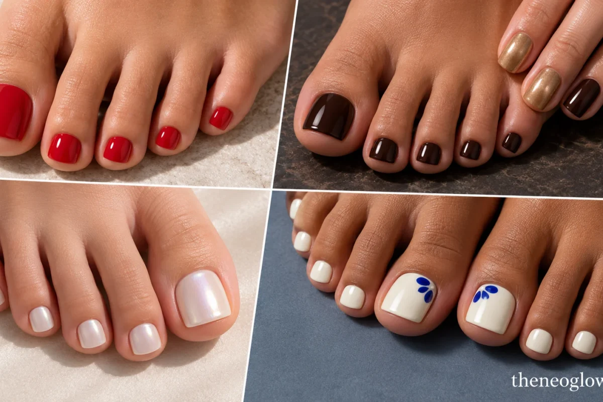 Four-panel collage showing cherry-red toes, espresso-and-caramel coordination, oyster-pearl finishes, and cream toes with cobalt petals.