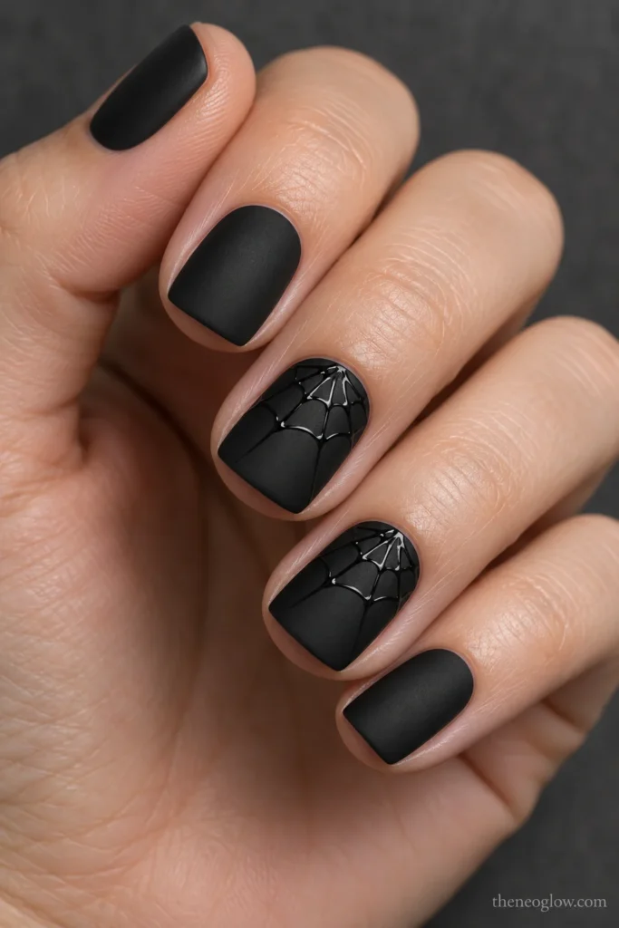 Medium oval champagne-beige nails with black French tips and fine ivory web lines rising from a shallow center notch.