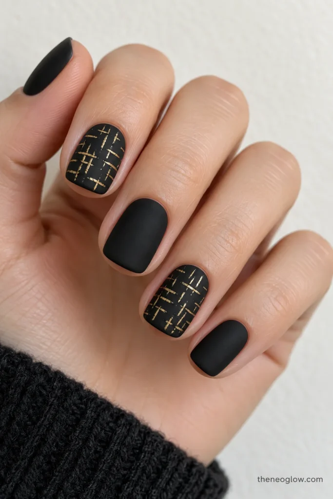 Short matte black soft-square nails with fine irregular gold tweed crosshatching on the index and ring fingers.
