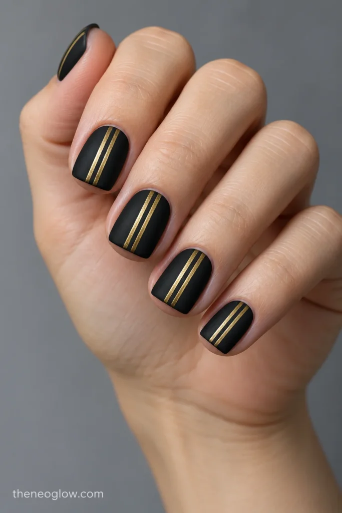 Short square matte black nails with two parallel brushed-gold vertical lines on each nail.