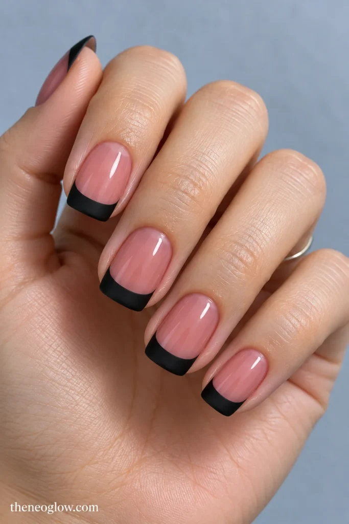 Medium square nails with matte black French tips contrasting with glossy translucent rose bases.