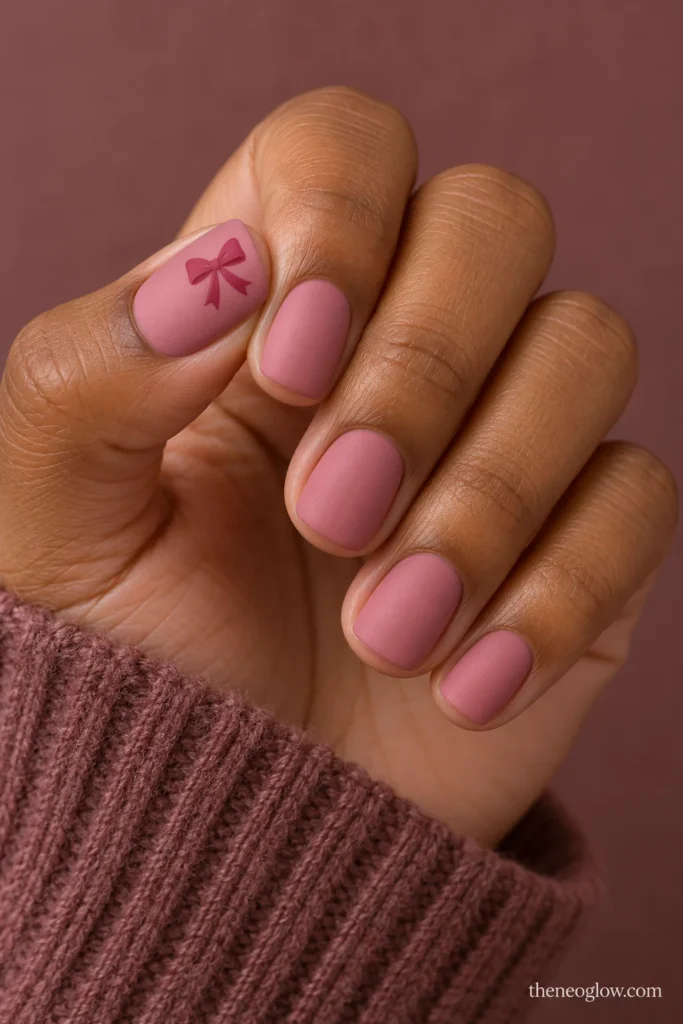 Short matte dusty-rose squoval nails with a small flat raspberry-pink bow near the top of the thumbnail.