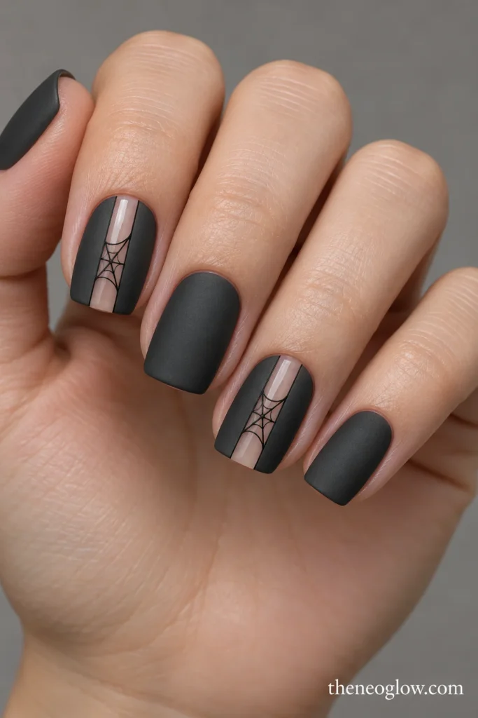 Medium-short matte graphite square nails with glossy translucent central windows holding fine black spiderwebs