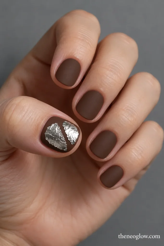 Matte dark-mocha ultra-short round nails with two separated flat silver-foil pieces on the thumbnail.