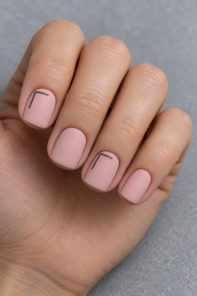 Matte powder-pink square acrylics with small graphite L-shaped tip corners on the index and ring nails.