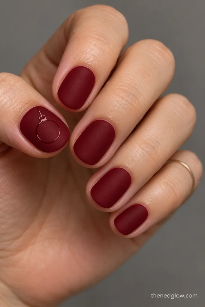 Short matte wine-red oval nails with a small matching glossy ornament outline on the thumbnail.