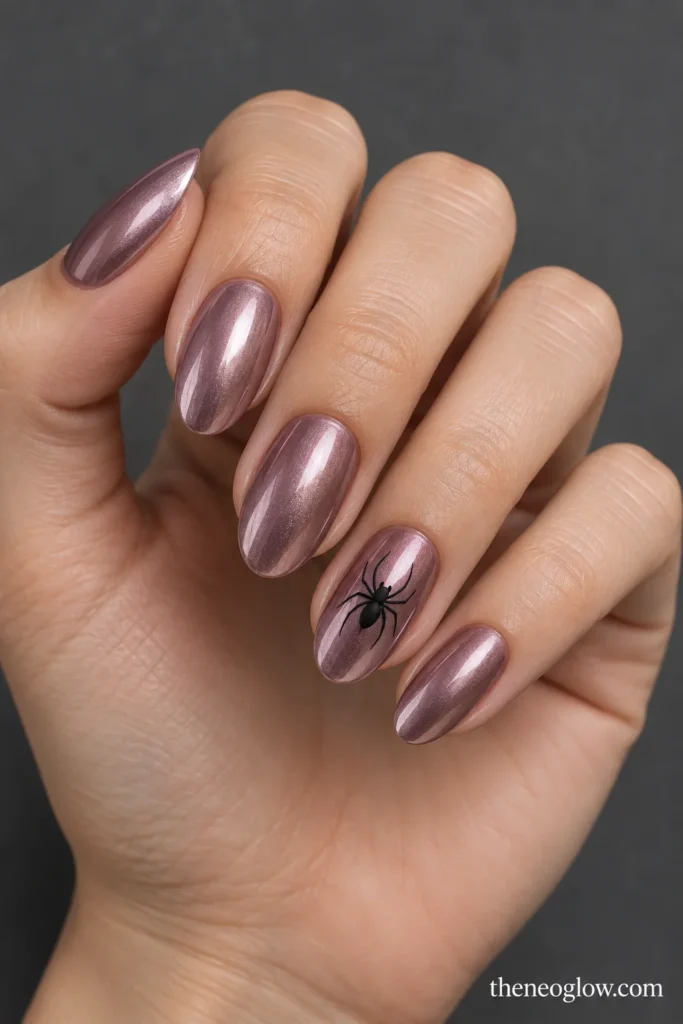Dusty mauve pearly chrome oval nails with one small matte black spider accent.