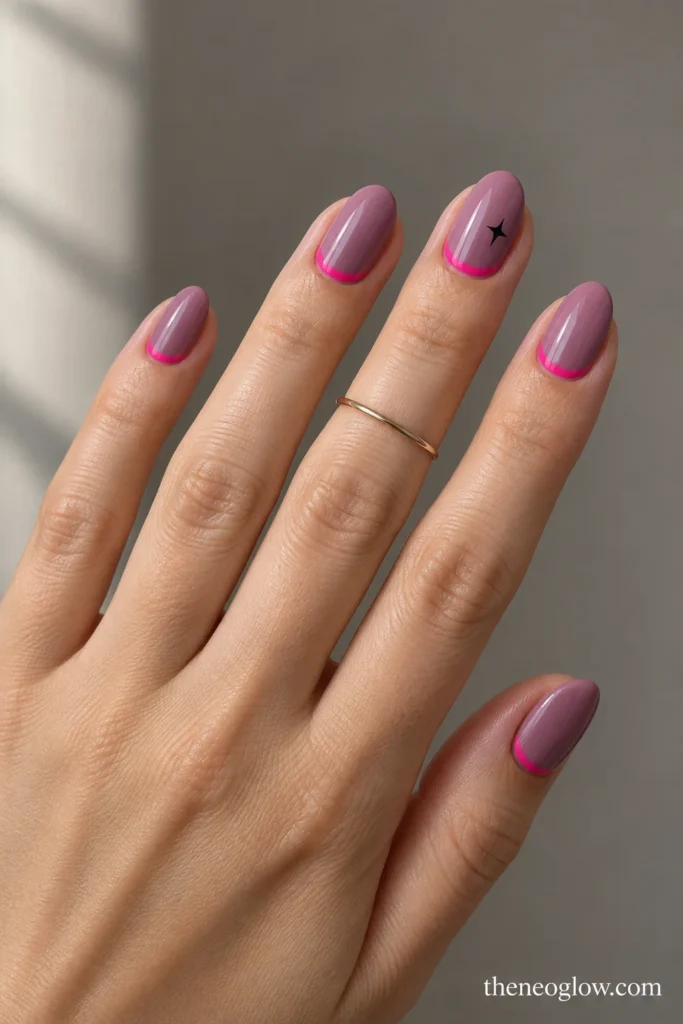 Mauve almond nails with narrow hot pink reverse cuffs and a tiny black star accent.