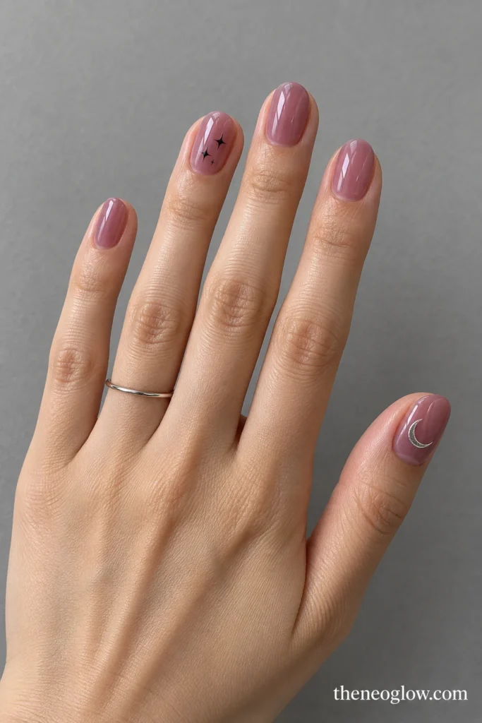 Short mauve jelly oval nails with a silver crescent and a separate black star accent.