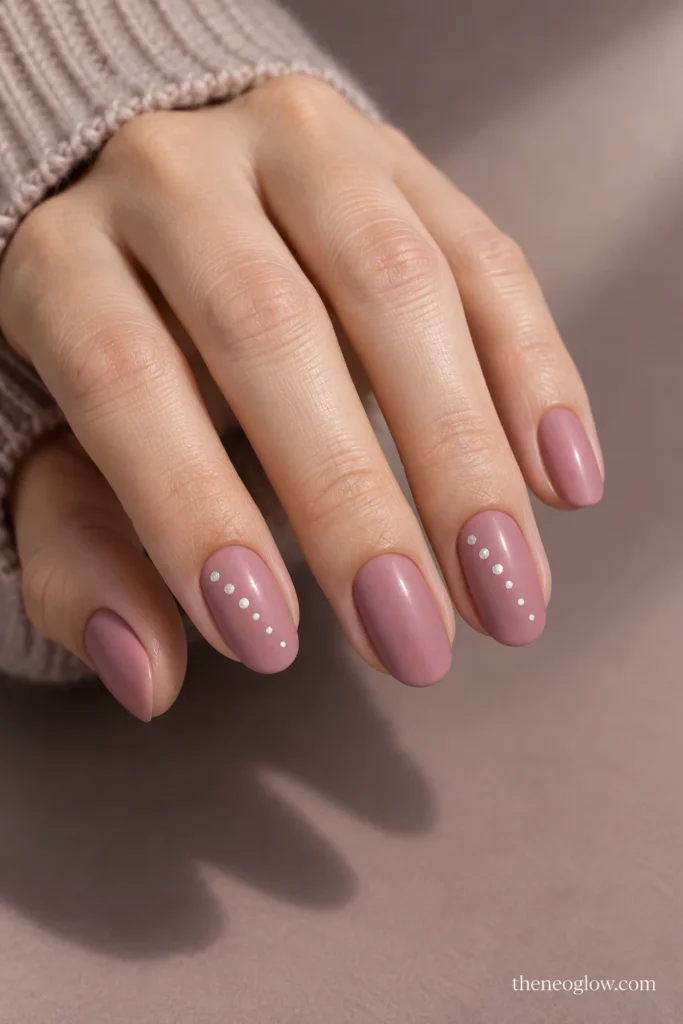 Medium mauve-pink satin oval nails with delicate diagonal silver-white dot trails on index and ring fingers.
