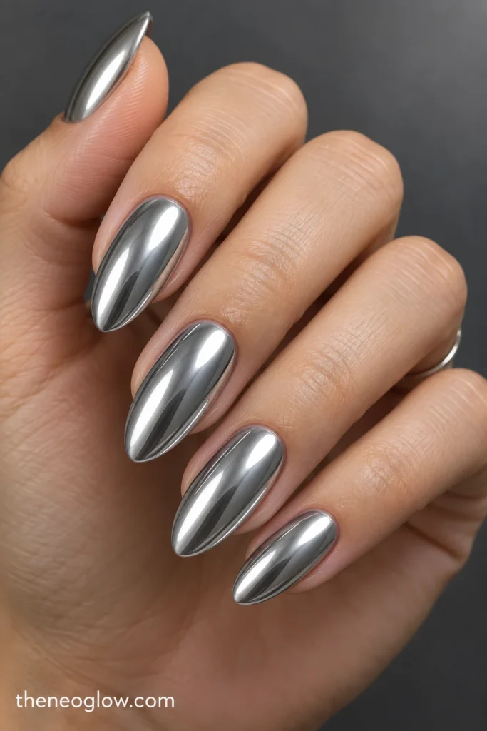 Medium almond nails with smooth full-surface silver chrome and a clear rounded taper. almond nail designs