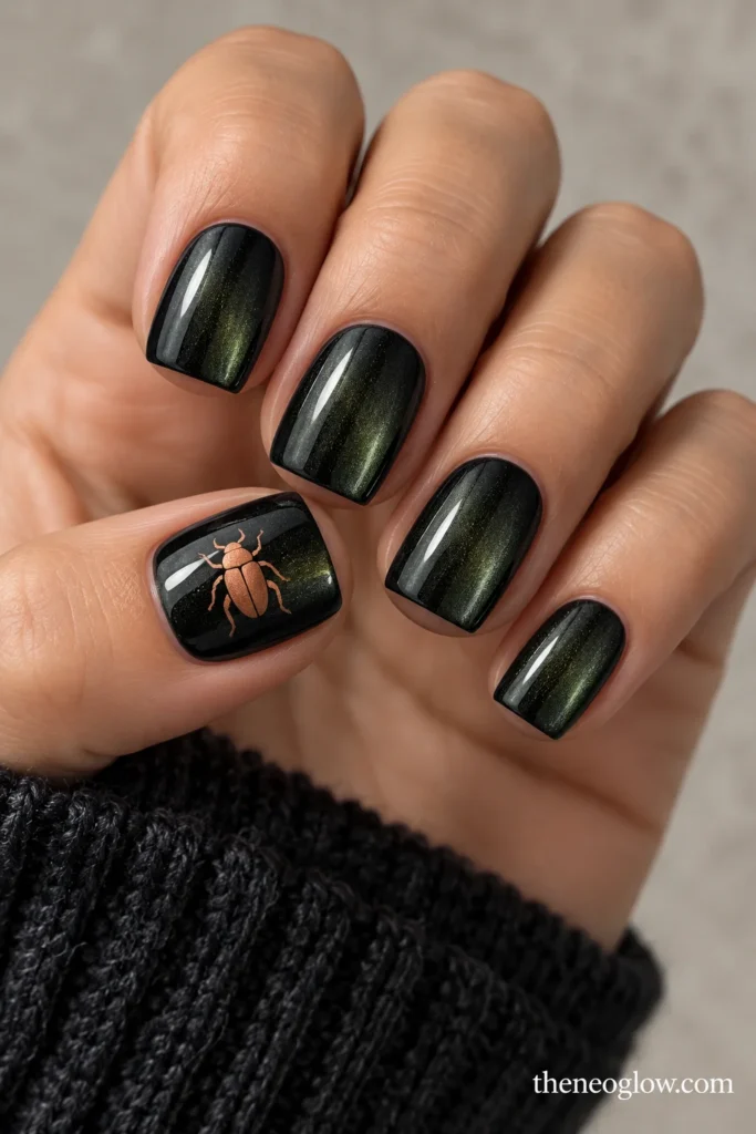 Short green-black metallic acrylic nails with a small copper beetle accent on the thumb.