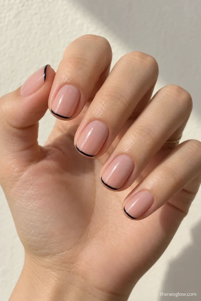 Short nails with a sheer base and ultra-thin black micro French tips.