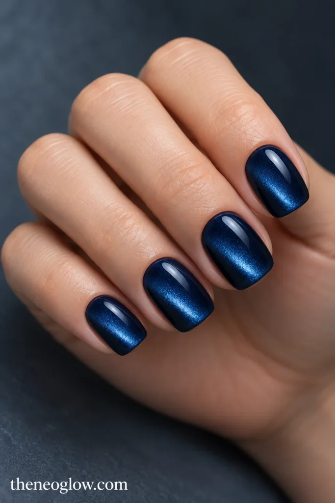 Short squoval acrylic nails with deep midnight-blue velvet polish and soft lengthwise reflections.