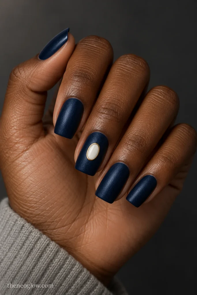 Midnight-blue satin soft-square nails with a flat oyster-white cameo oval and antique-gold ring on the middle finger. classy christmas nails