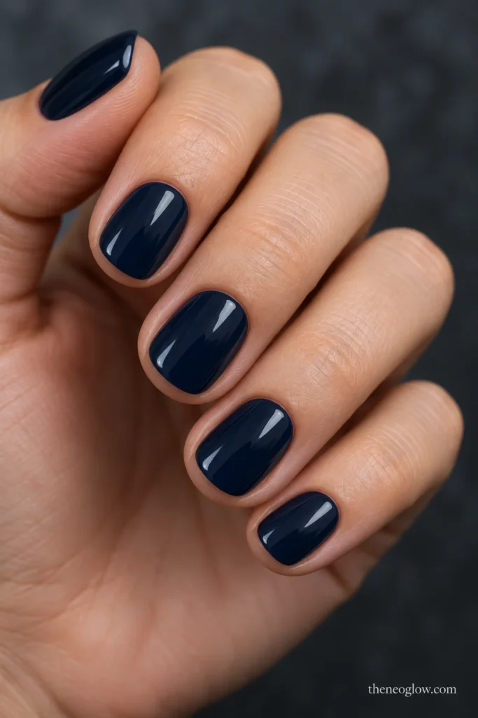 Genuinely short round nails with glossy blue-black cream polish.