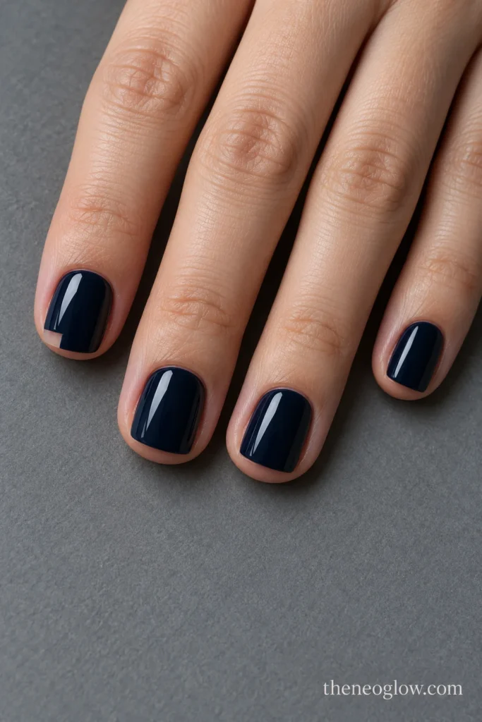 Extra-short glossy midnight-navy square nails with a tiny unpainted stair-step corner on the index fingernail.