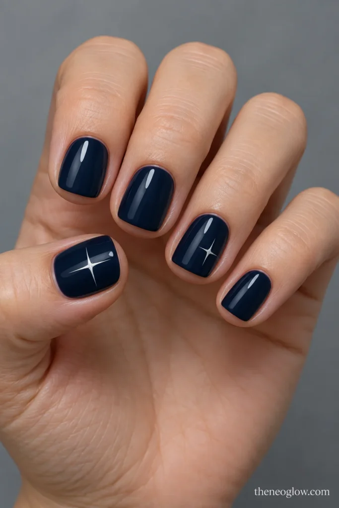 Short glossy midnight-navy square nails featuring delicate silver four-point glints on the thumb and ring finger.