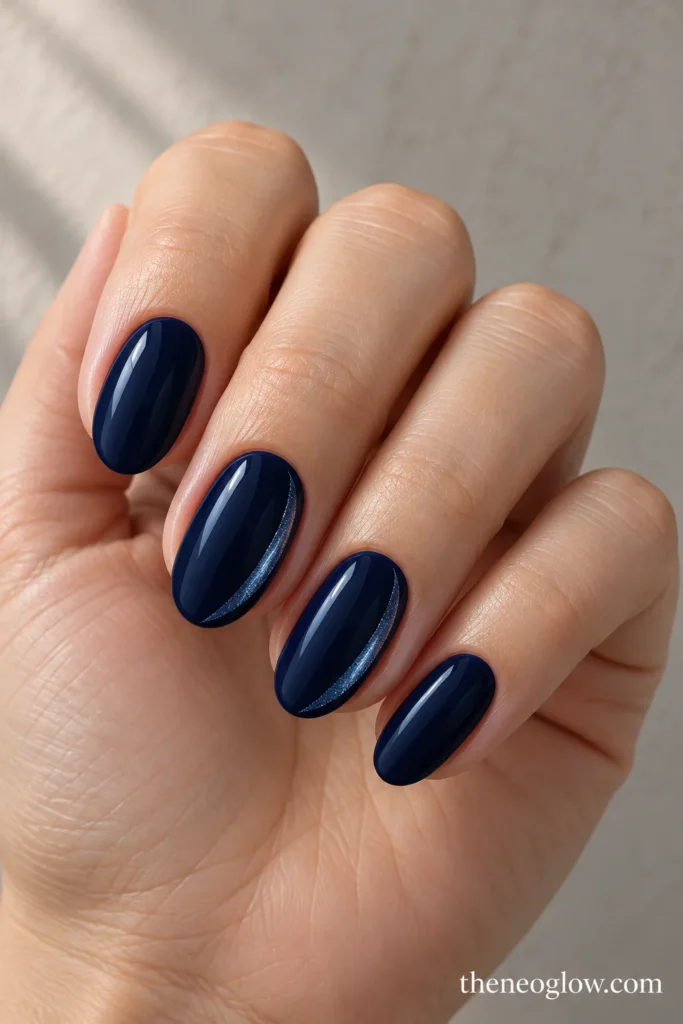 Midnight-navy oval nails with thin curved steel-blue shimmer waves on two accents.