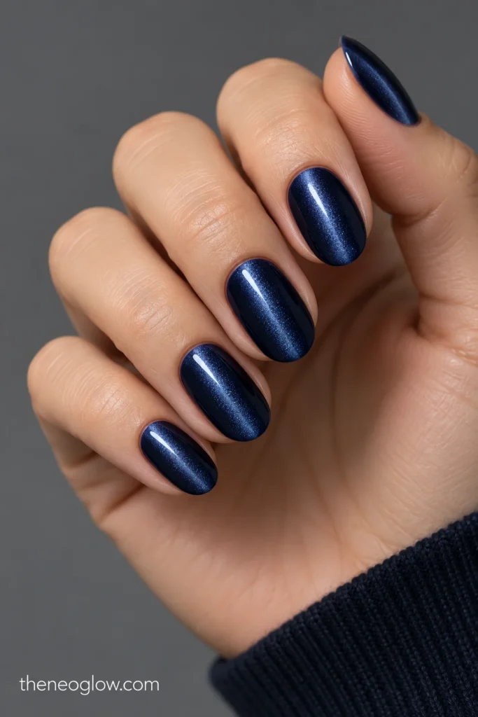 Medium oval midnight-navy magnetic nails with narrow off-center velvet highlights.