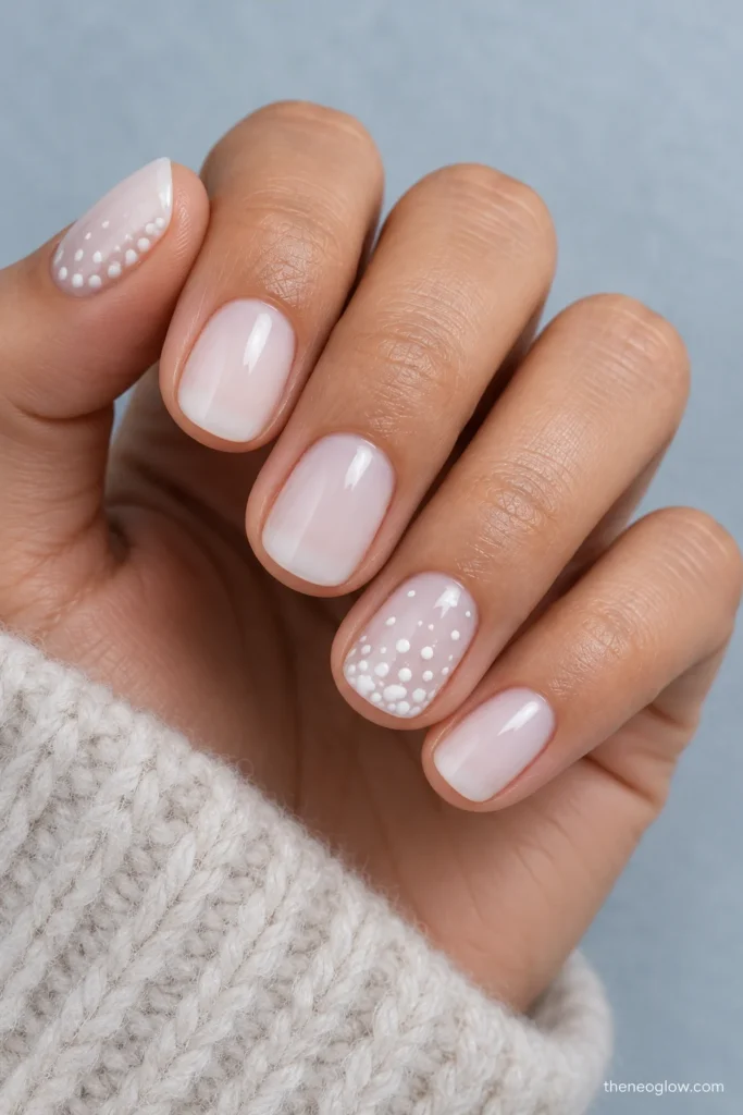 Short round nails in translucent milky-white gloss with opaque white snowfall dots on the thumb and ring finger.