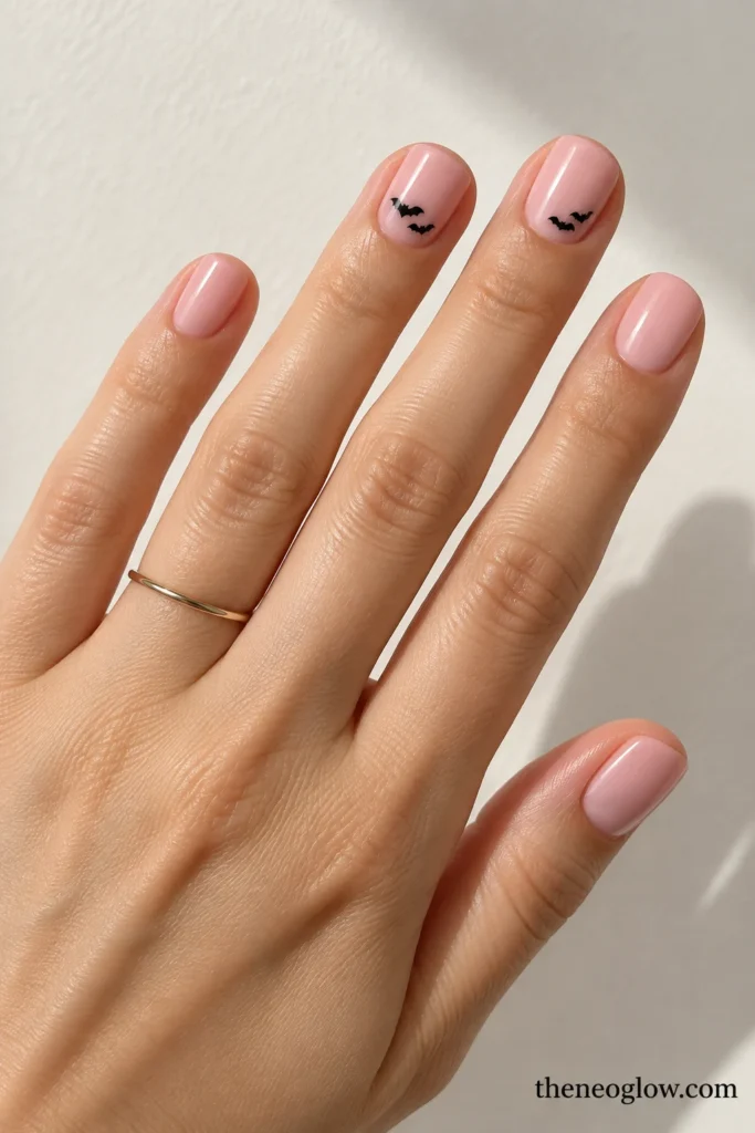 Short milky pink squoval nails with tiny black bats placed just above the cuticle.