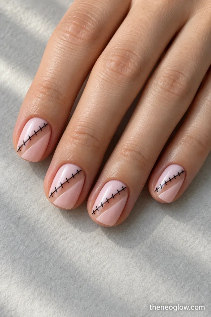 Milky pink nails with a clear diagonal window edged by short black stitch marks.