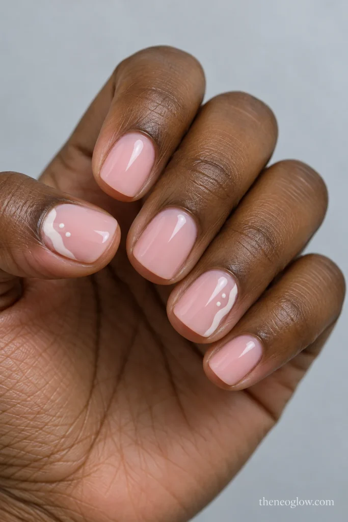 Short milky-pink squoval nails with narrow ivory snowdrifts along one side of the thumb and ring nail.