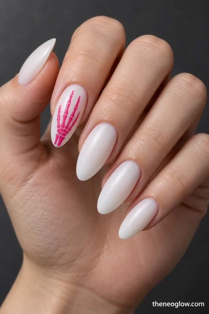 Satin milky-white almond acrylics with a raspberry-pink skeletal-hand design on the index nail.