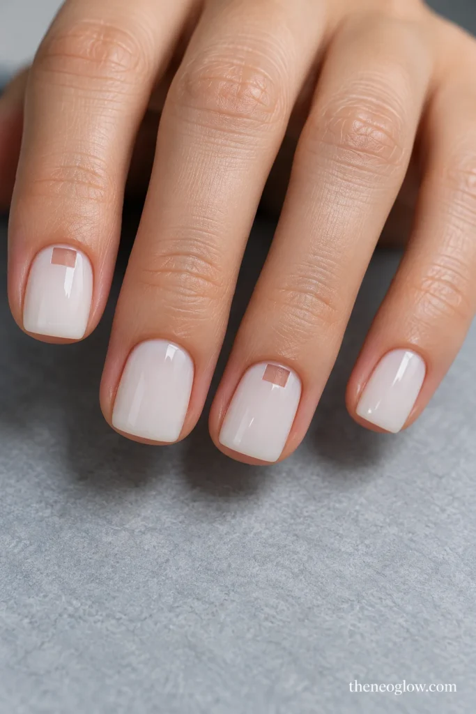 Very short milky-white square nails with small rectangular clear openings above the index and ring cuticles.