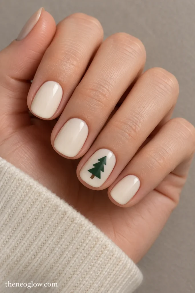 Short warm-ivory round nails with a simple dark-green Christmas-tree silhouette on the ring finger.