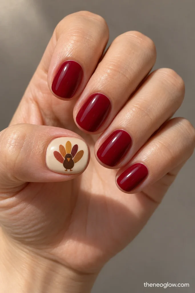 Short cranberry oval nails with a miniature multicolored turkey on the biscuit-colored thumbnail. thanksgiving nails