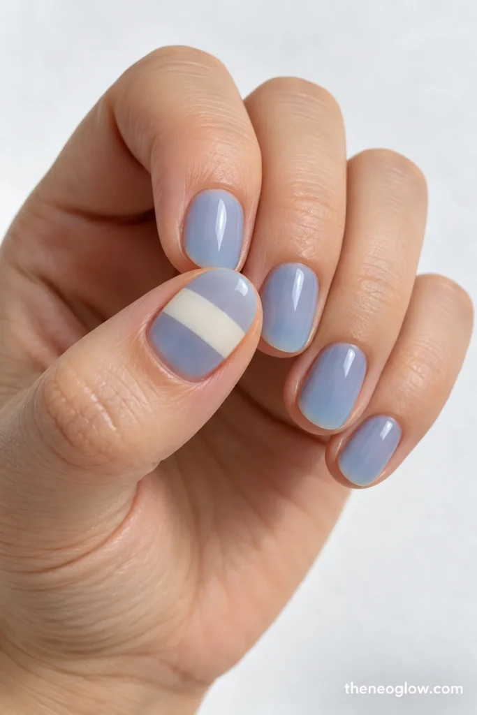 Short oval translucent mist-blue nails with one opaque ivory band across the thumbnail center. simple winter nails