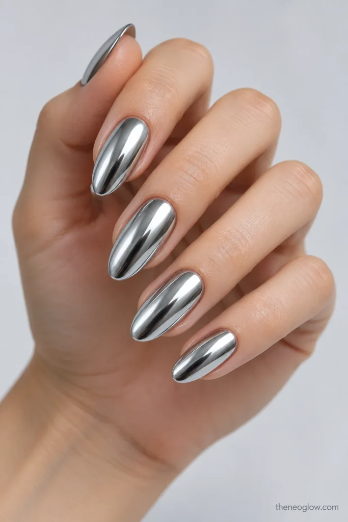 Medium almond nails finished in smooth, highly reflective cool-silver mirror chrome.
