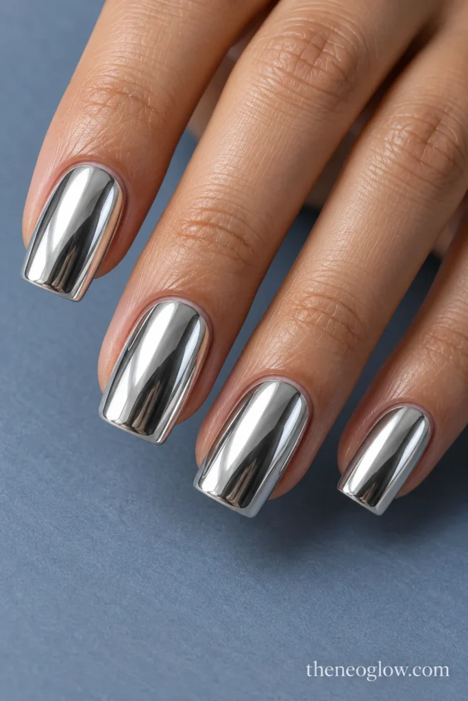 Medium squoval nails with a seamless, highly reflective cool-silver mirror finish. winter nail colors