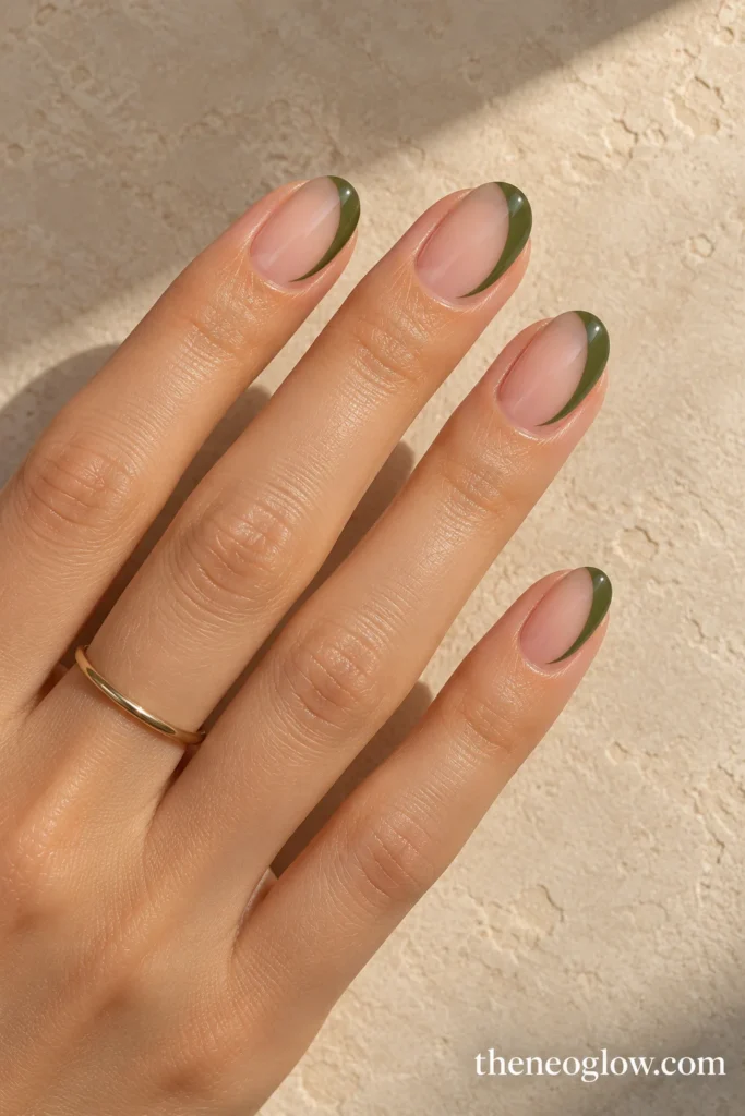Oval nails with moss-green French crescents tapering away from one free-edge corner.
