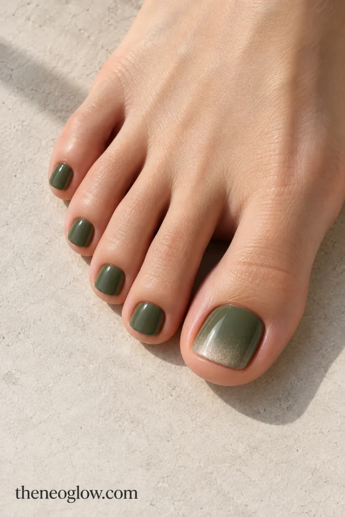 Muted moss pedicure with a soft pearl glow fading upward from the big-toe cuticle