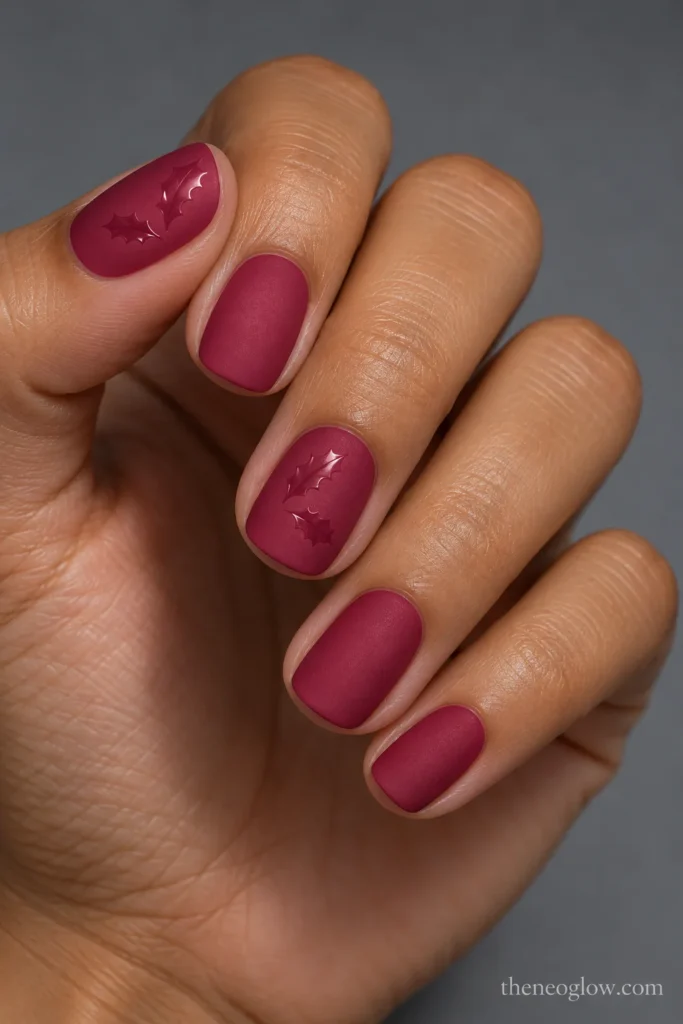 Short matte mulberry-pink rounded-square nails with subtle glossy holly-leaf silhouettes.