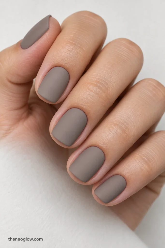 Short squoval nails in opaque cool mushroom-taupe with an even matte finish.