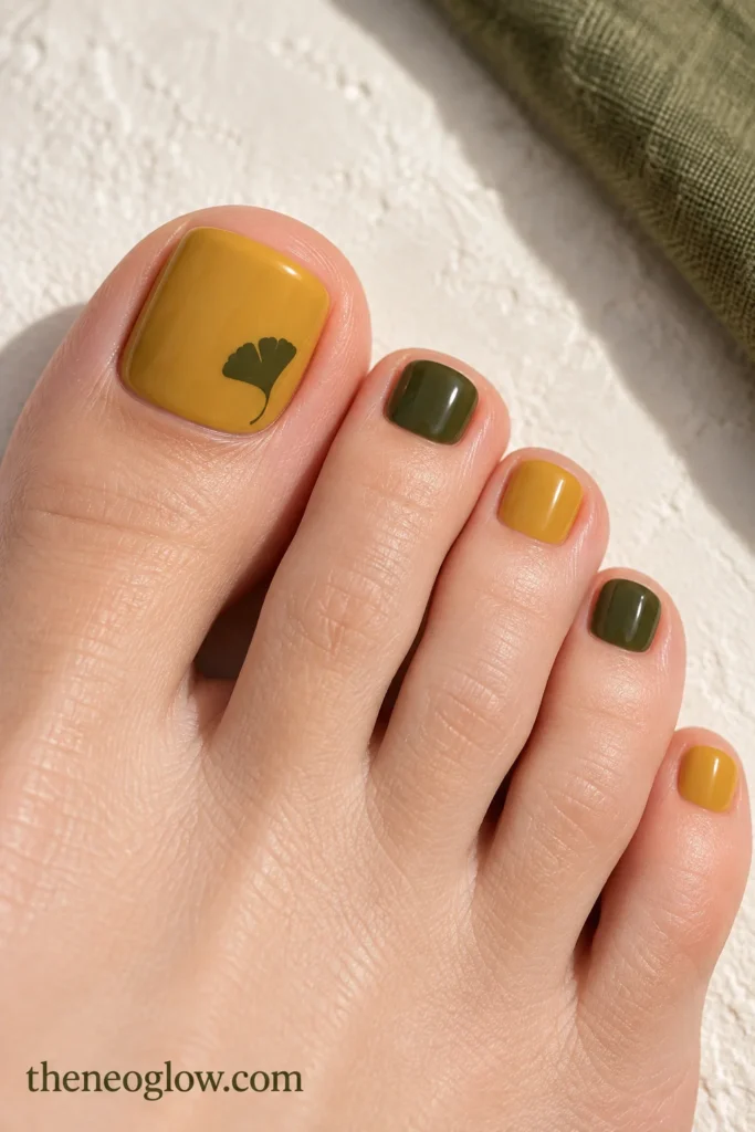 Muted mustard pedicure with one dark olive ginkgo leaf accent near the corner of the big toenail