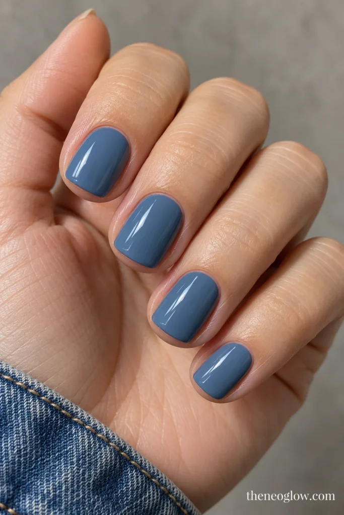 Short squoval nails painted in opaque muted denim-blue cream with a glossy finish.