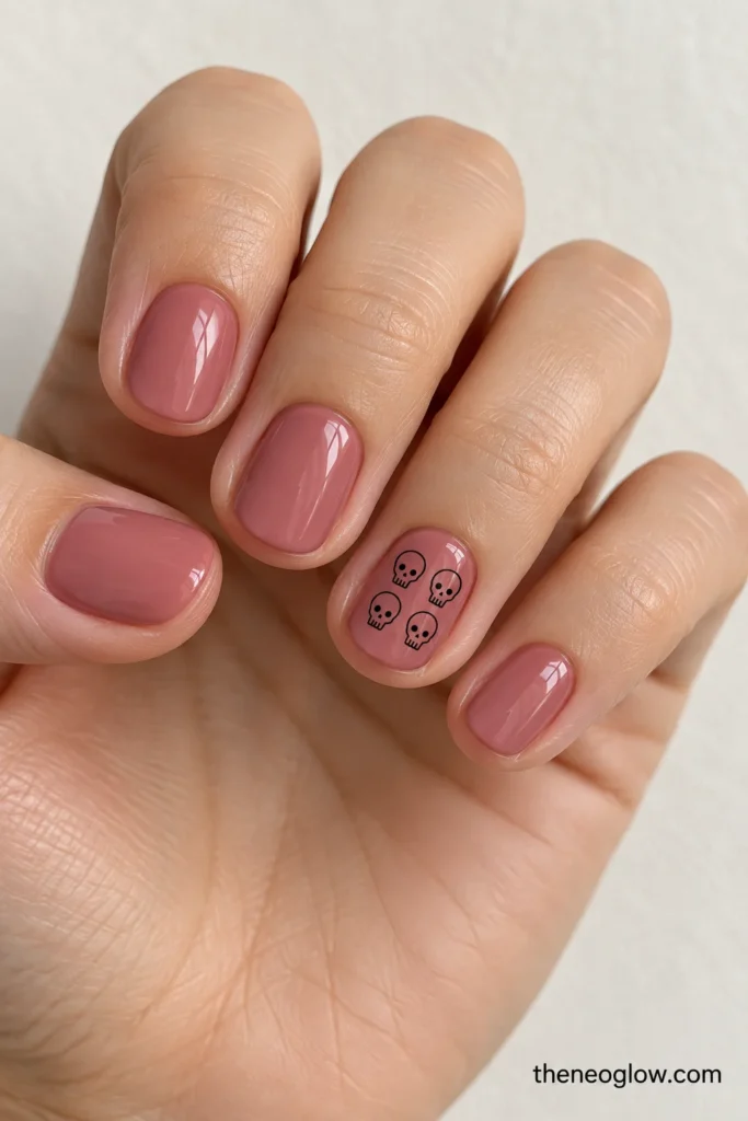 Short muted rose rounded nails with one tiny two-by-two black skull-outline grid.
