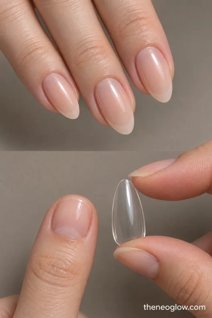 Natural almond length beside a generic extension-length option for a very short natural nail.