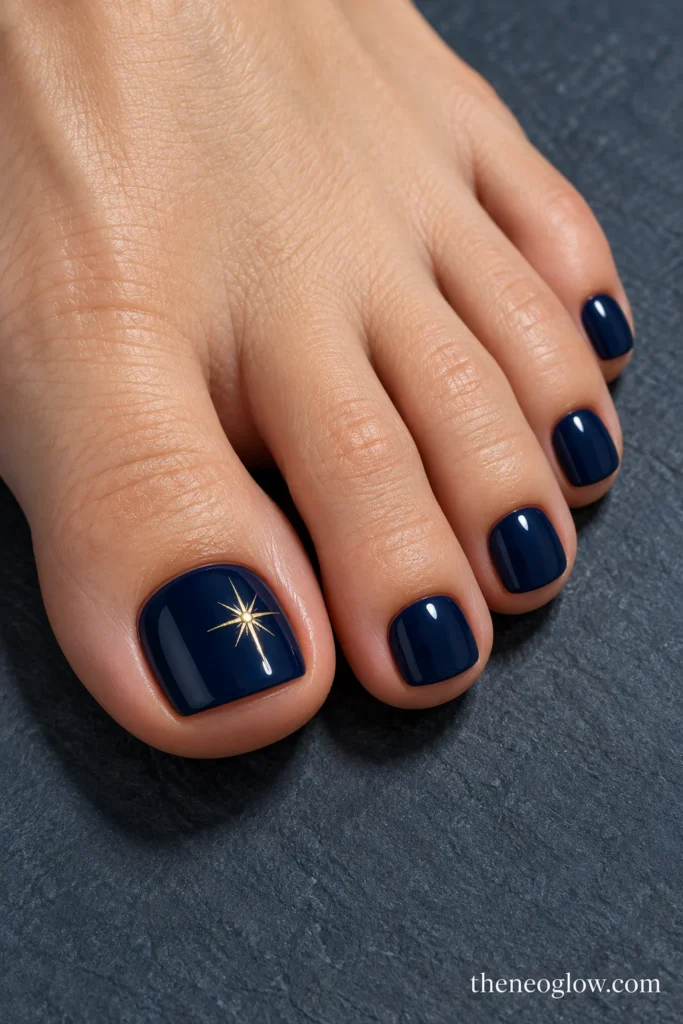 Midnight navy pedicure with a fine off-center gold starburst on each big toe.